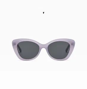 Detail view of jelly purple translucent cat-eye frame sunglasses with dark gray lenses