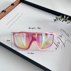 Kids oversized windproof sports sunglasses with pink frame and iridescent lens for cycling