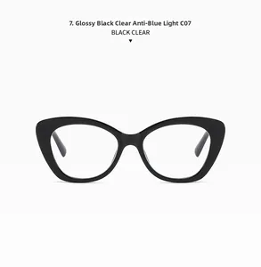 Close-up of glossy black cat-eye sunglasses with clear anti-blue light lenses and frame detail