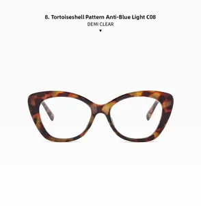Detail view of demi tortoise cat eye frames with anti-blue light clear lenses