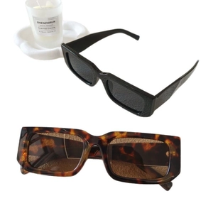 Retro small rectangular sunglasses in black leather texture and classic tortoise shell finish