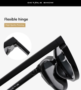 Detail showing the flexible hinge and high-gloss black temple of the retro sunglasses