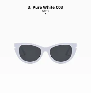 Detailed view of solid white cat-eye sunglasses with dark grey lenses and C03 model mark