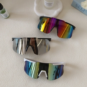 Three pairs of oversized cycling sunglasses with mirrored lenses in varied color options