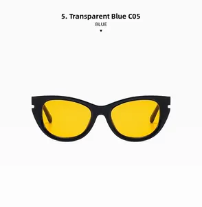 Detailed front view of retro cat-eye sunglasses with black frames and yellow lenses
