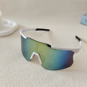 Detail of white cycling sunglasses with colorful iridescent lenses and non-slip rubber tips