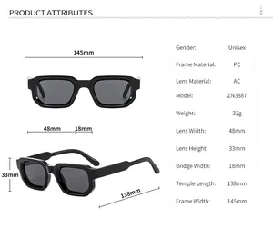 Detailed size chart and technical specifications for square PC frame sunglasses