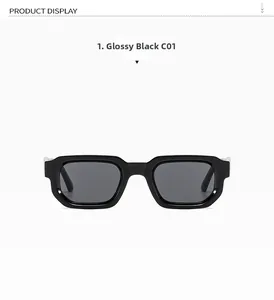 Detail view of square black sunglasses with thick frames and dark lenses model S24188