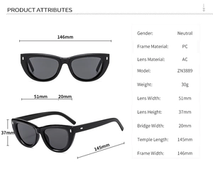 Detailed size specifications and material attributes for PC frame cat eye sunglasses