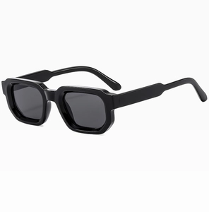 Close-up of thick black rectangular sunglasses frame with smooth polished texture