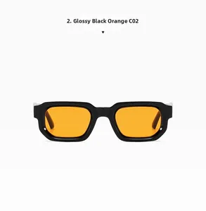 Close-up of retro square sunglasses C02 with glossy black frame and vibrant orange lenses