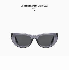 Detailed view of cat eye sunglasses in transparent grey with gold metal hinge accents