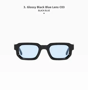 Detail view of stylish black rectangular sunglasses frame with light blue translucent lenses