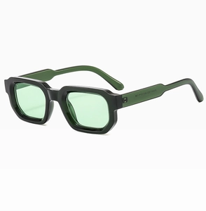 Close-up of retro square sunglasses with black frame and light green translucent lenses
