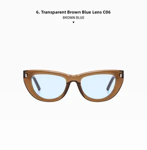 Detailed shot of cat eye sunglasses with brown frame and blue lenses in style C06