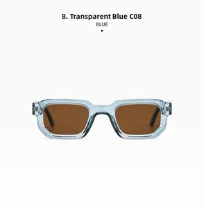 Detail of square frame sunglasses in transparent blue with brown lenses and AC/PC temples