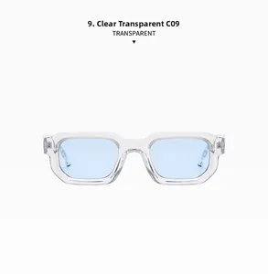 Front view of bright transparent square frame sunglasses with light blue lenses, model C09