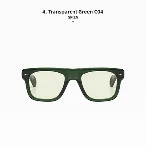 Dettaglio della montatura quadrata verde trasparente con rivetti argentati e aste con trama antiscivolo