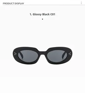 Detailed view of oval bright black sunglasses with decorative silver three-dot metal rivets