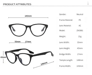 Detailed sizing chart for cat-eye glasses with frame dimensions and material specs