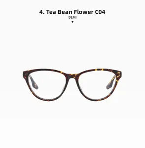 Detailed close-up of tea demi cat-eye frames with polished tortoiseshell texture C04