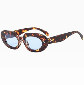 Detail of tortoise shell oval sunglasses with light blue lenses and silver rivets