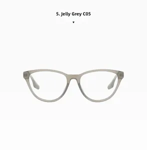 Detail view of stylish jelly grey cat-eye glasses frames with semi-transparent finish