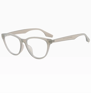 Macro view of translucent light gray cat-eye glasses frame showing temples and hinge detail