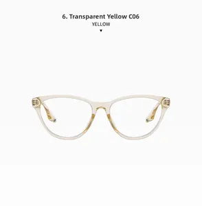 Detailed view of yellow cat-eye eyeglass frame with durable metal hinge and sleek finish