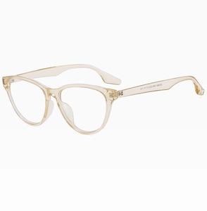 Detail view of pale yellow transparent cat-eye frame specs with inside temple size markings
