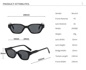 Detailed size chart for cat eye sunglasses showing frame width, lens dimensions, and PC material