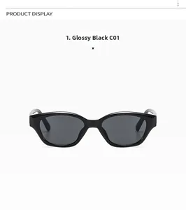 Front view of bright black oval cat eye sunglasses with gray UV lenses, model C01