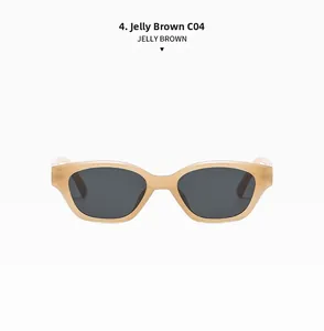 Detail view of Jelly Brown cat-eye sunglasses with translucent frames and dark lenses