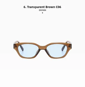 Detailed view of transparent tea frame sunglasses with light blue lenses and C06 engraving