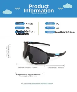 Detaillierte Maße der mattschwarzen Kinder-Sportsonnenbrille mit UV-Schutz-Funktion
