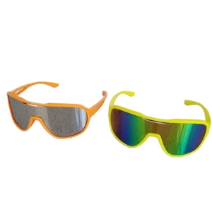Kids sports sunglasses with orange and yellow frames and colorful reflective lenses