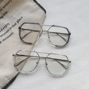 Detail of geometric polygon aviator frames with metal double bridge and slim temples