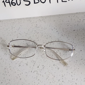 Detail of vintage 1960s butterfly style cat-eye glasses with silver metal and clear frame