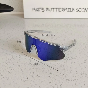 Kids sports sunglasses detail with large blue reflective lens and 14cm frame width