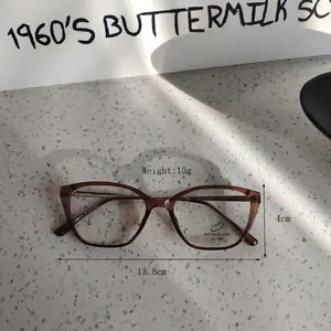 Detail view of retro brown TR glasses frame with anti-blue light coating markings