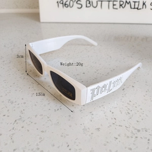 White rectangular kids sunglasses with silver gothic logo and UV400 protection detail