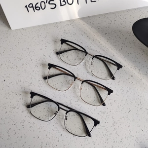 Three pairs of vintage semi-rimless anti-blue light glasses in black and gold color options
