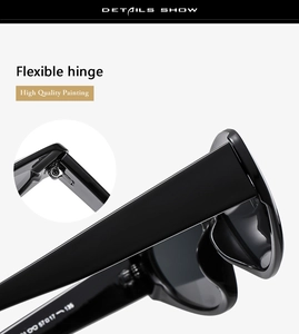 Detail of flexible hinges and high-quality painting on glossy black sunglasses