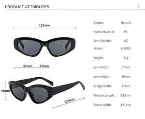Detailed size chart for stylish neutral cat-eye sunglasses with PC frame and AC lens