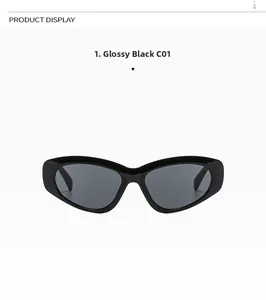Detailed view of glossy black cat-eye sunglasses with dark grey lenses in C01 black