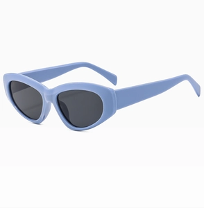 Detail view of light blue cat-eye frames and dark sun lenses for women's sunglasses