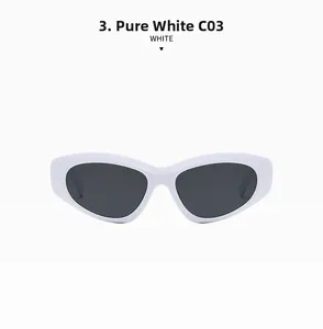 Front view of solid white oval sunglasses with dark grey lenses and thick frames