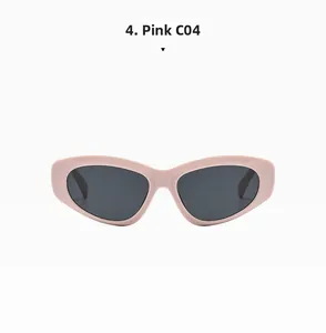 Front view of pink cat-eye sunglasses with dark grey lenses and C04 frame detail