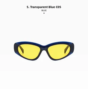 Cat-eye sunglasses with transparent blue frame and yellow lenses for UV protection