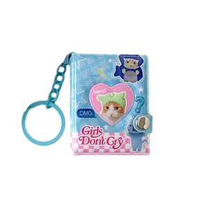 Blue cat theme 2-inch mini photo album with heart window and blue keychain attachment